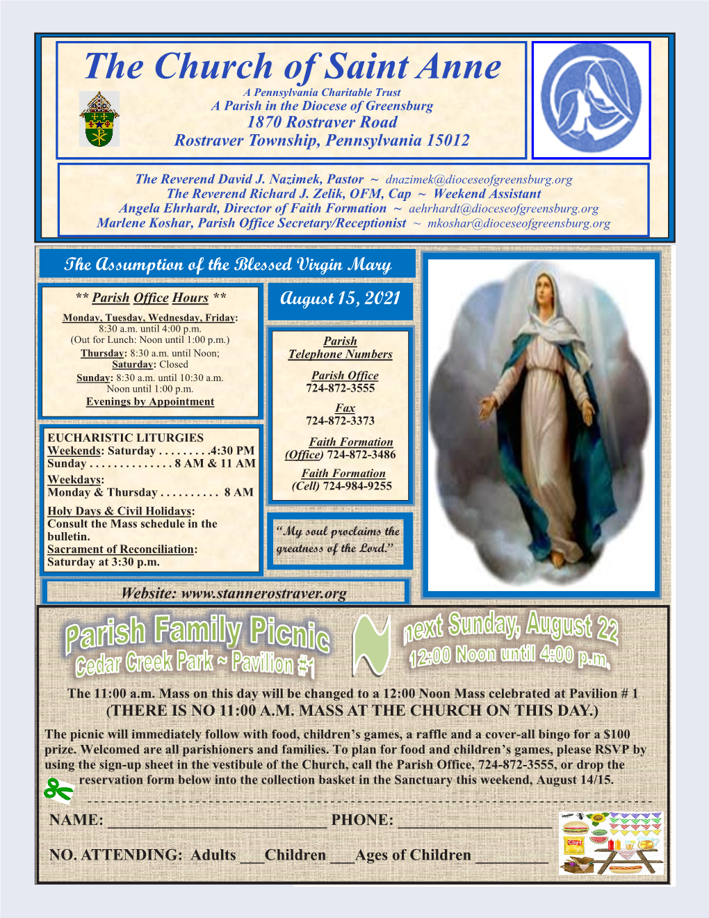 The Church of Saint Anne a Pennsylvania Charitable Trust a Parish in the Diocese of Greensburg 1870 Rostraver Road Rostraver Township, Pennsylvania 15012