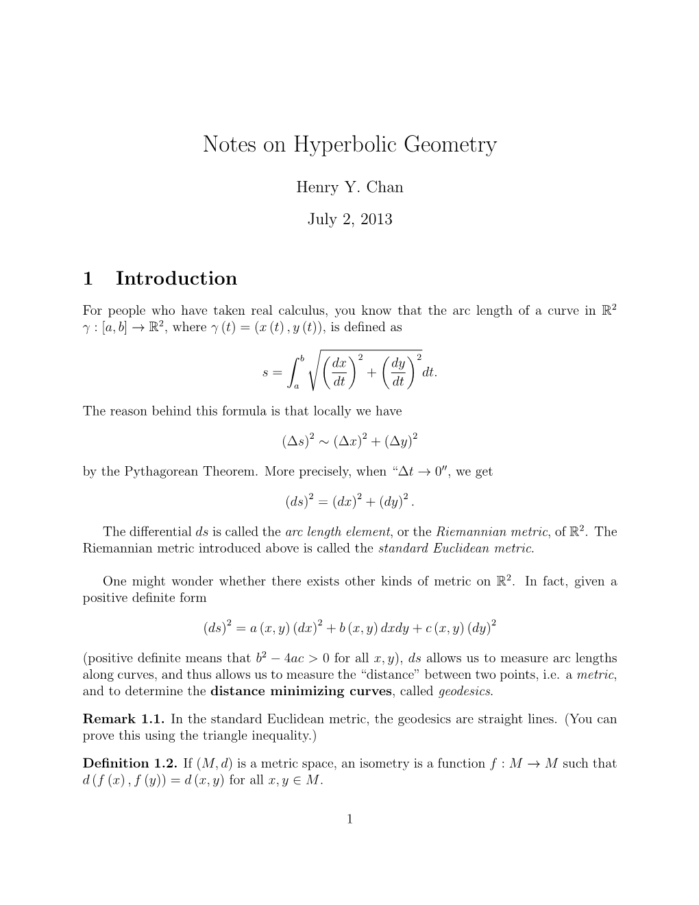 Notes on Hyperbolic Geometry