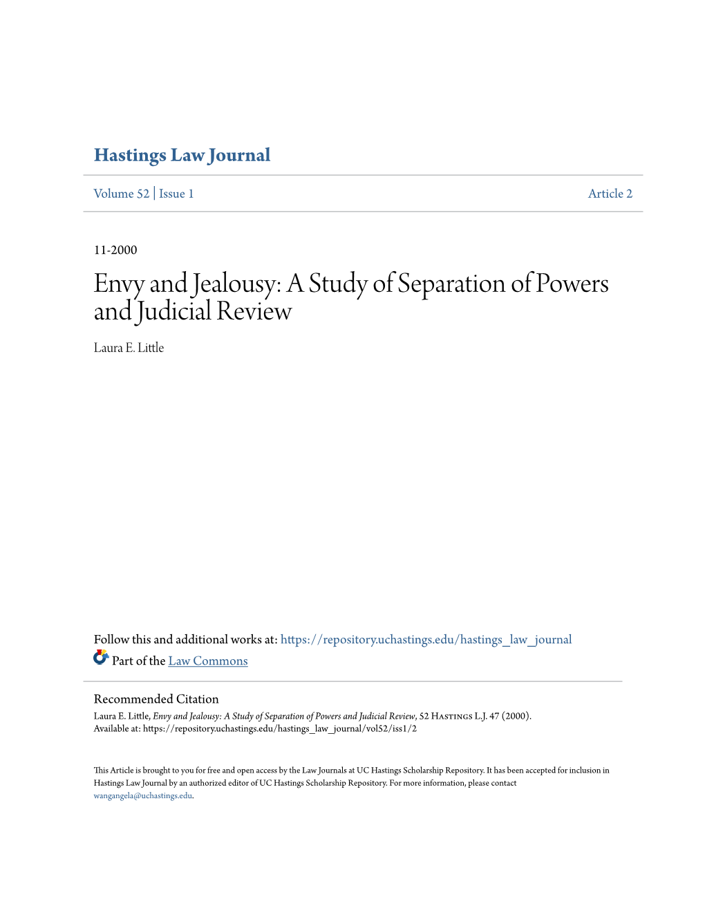 Envy and Jealousy: a Study of Separation of Powers and Judicial Review Laura E