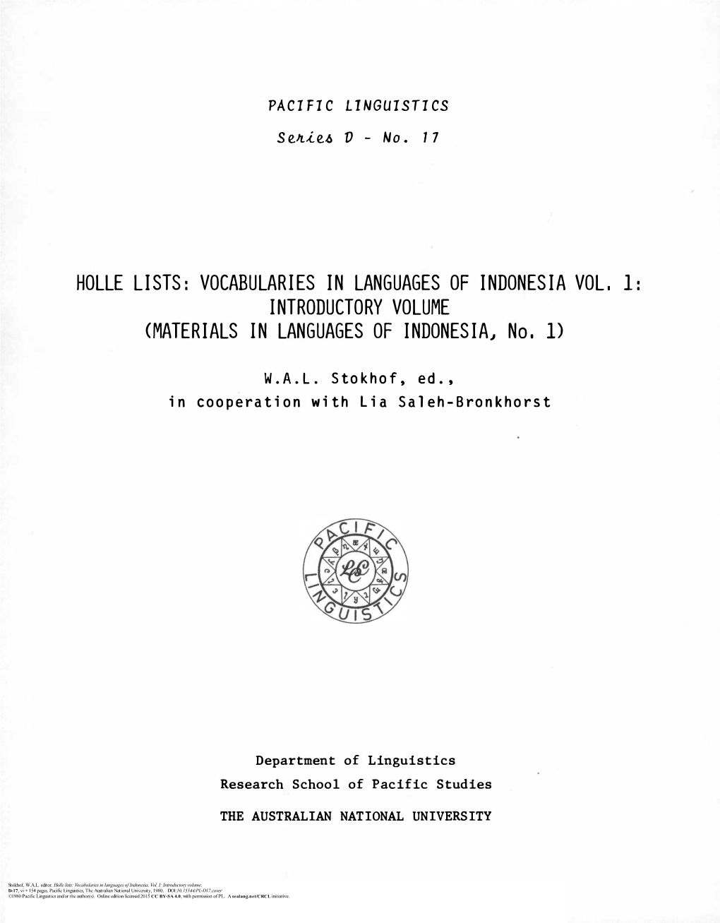 Holle Lists: Vocabularies in Languages of Indonesia, Vol. I: Introductory Volume