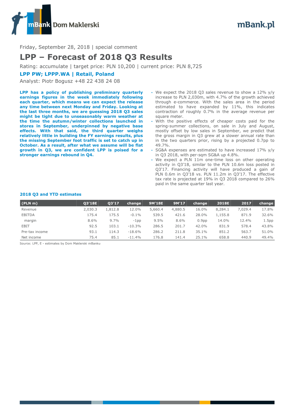 LPP – Forecast of 2018 Q3 Results