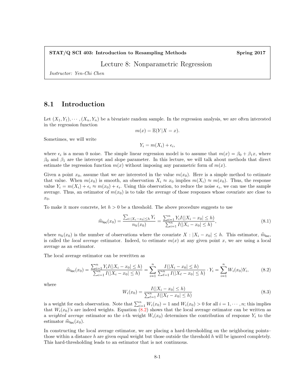 Lecture 8: Nonparametric Regression 8.1 Introduction