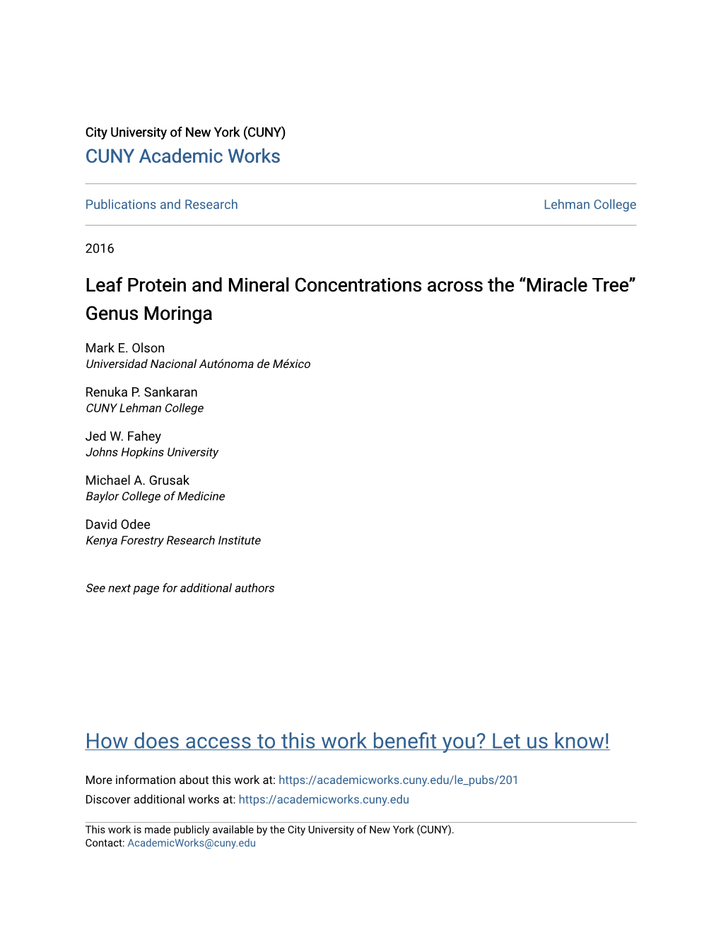 Leaf Protein and Mineral Concentrations Across the Â•Œmiracle Treeâ•Š Genus Moringa