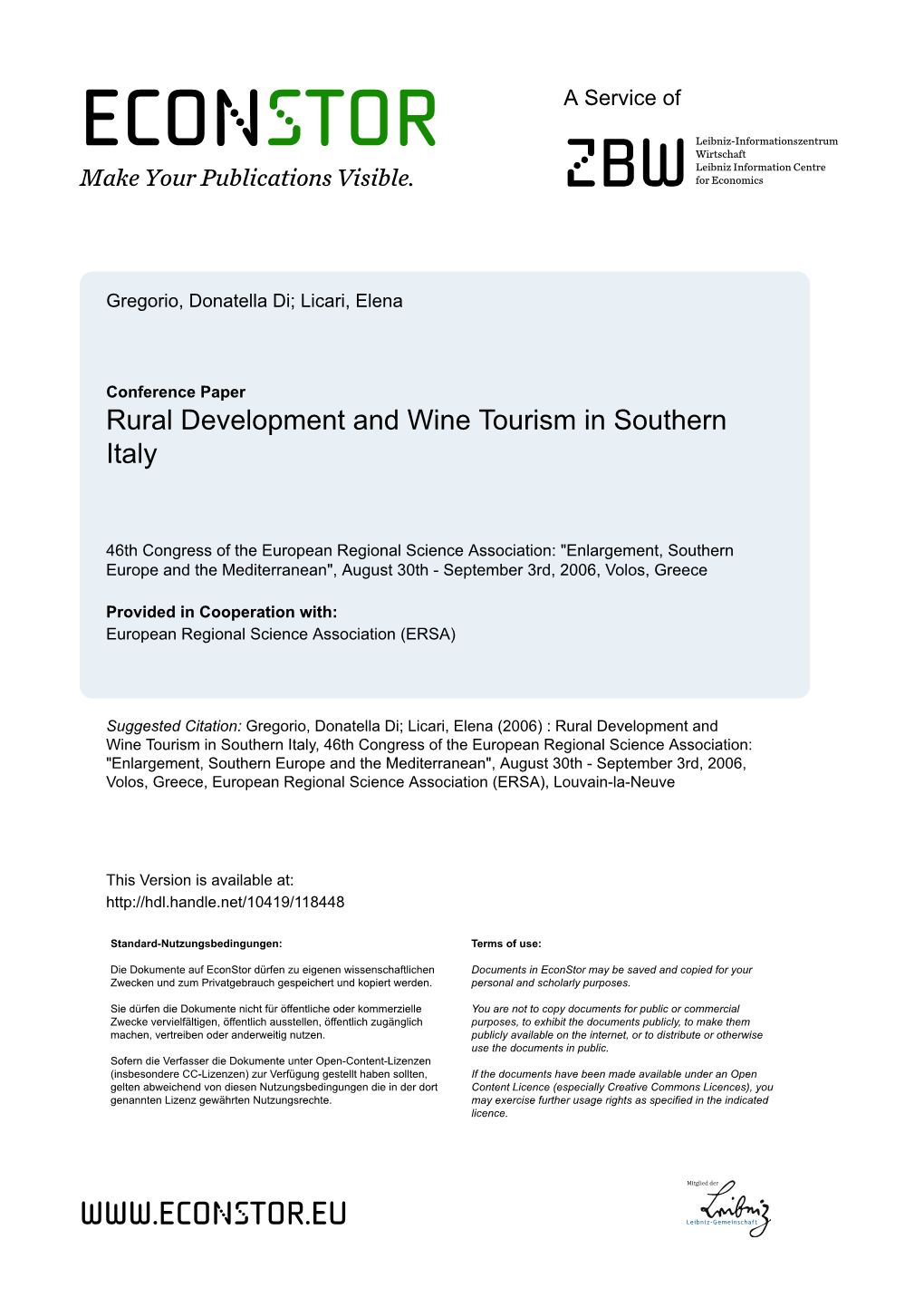 Rural Development and Wine Tourism in Southern Italy