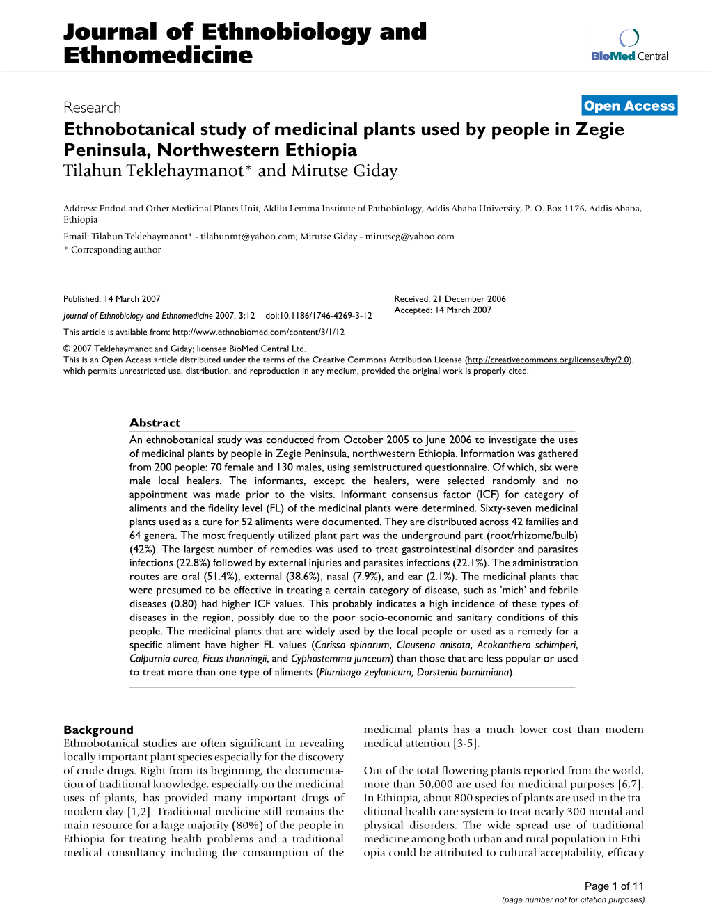 Journal of Ethnobiology and Ethnomedicine Biomed Central