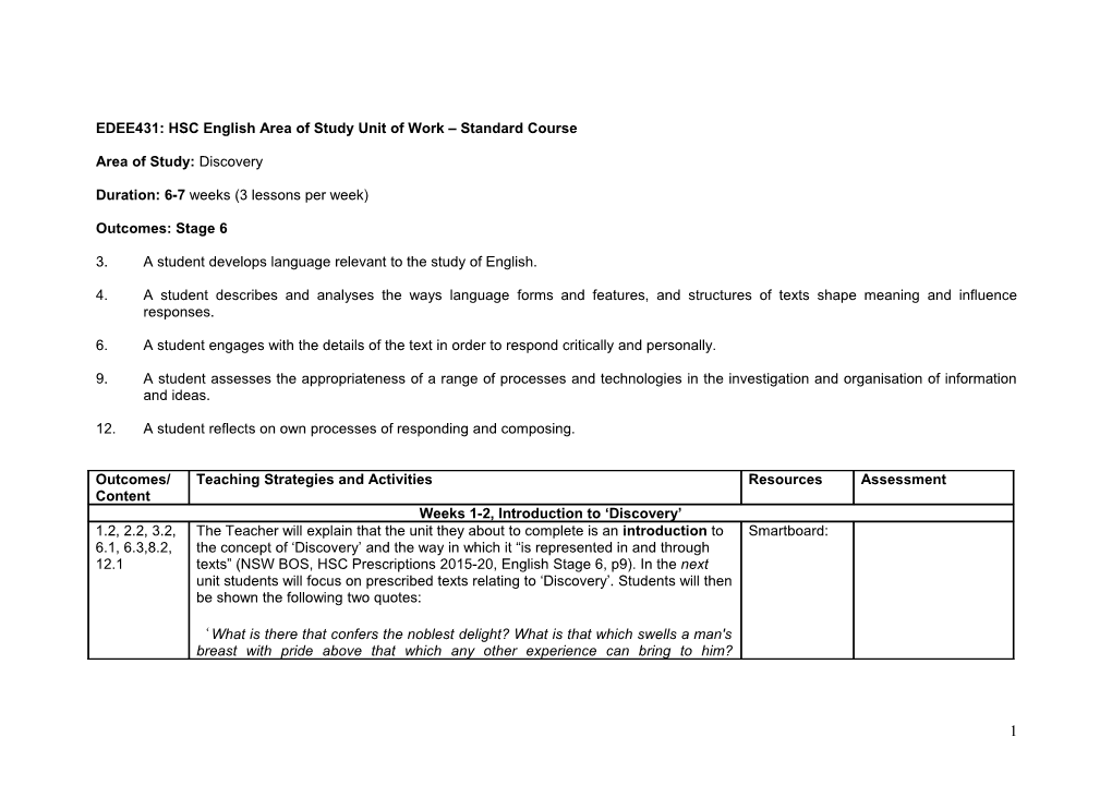 EDEE431: HSC English Area of Study Unit of Work Standard Course