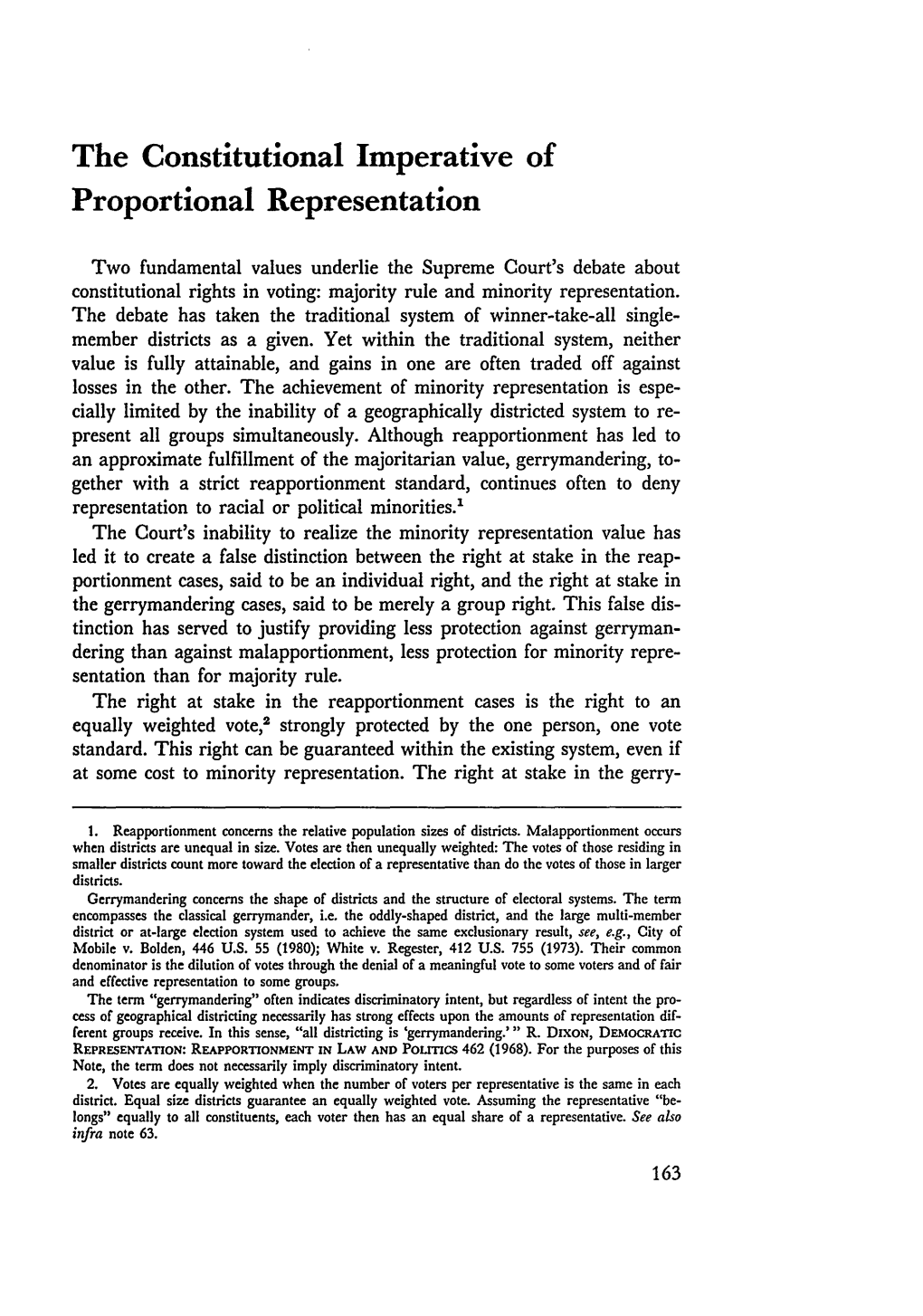 The Constitutional Imperative of Proportional Representation