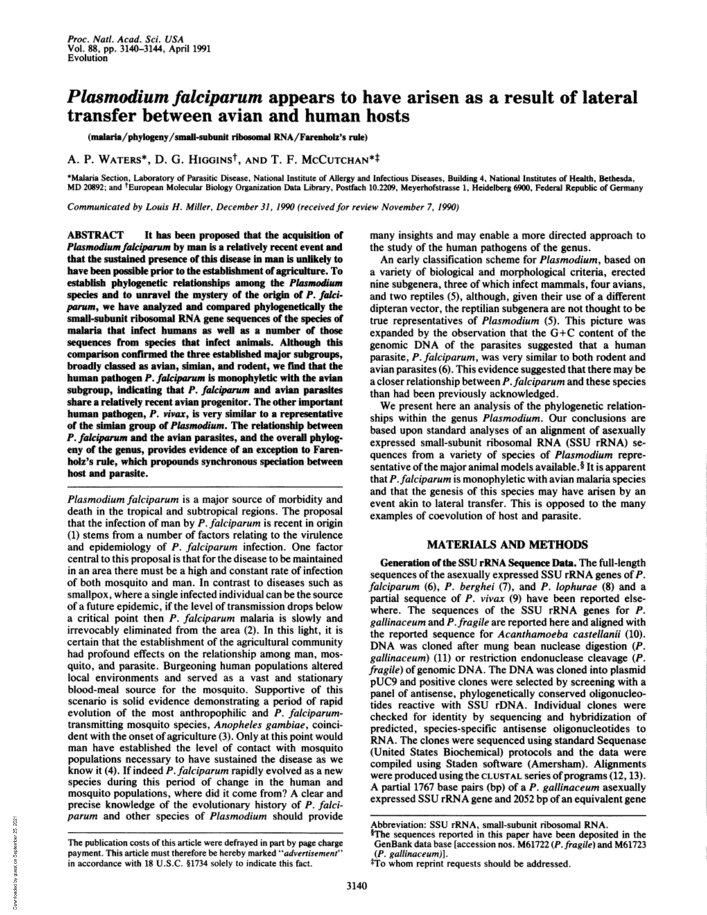 Plasmodium Falciparum Appears to Have Arisen As a Result of Lateral Transfer Between Avian and Human Hosts