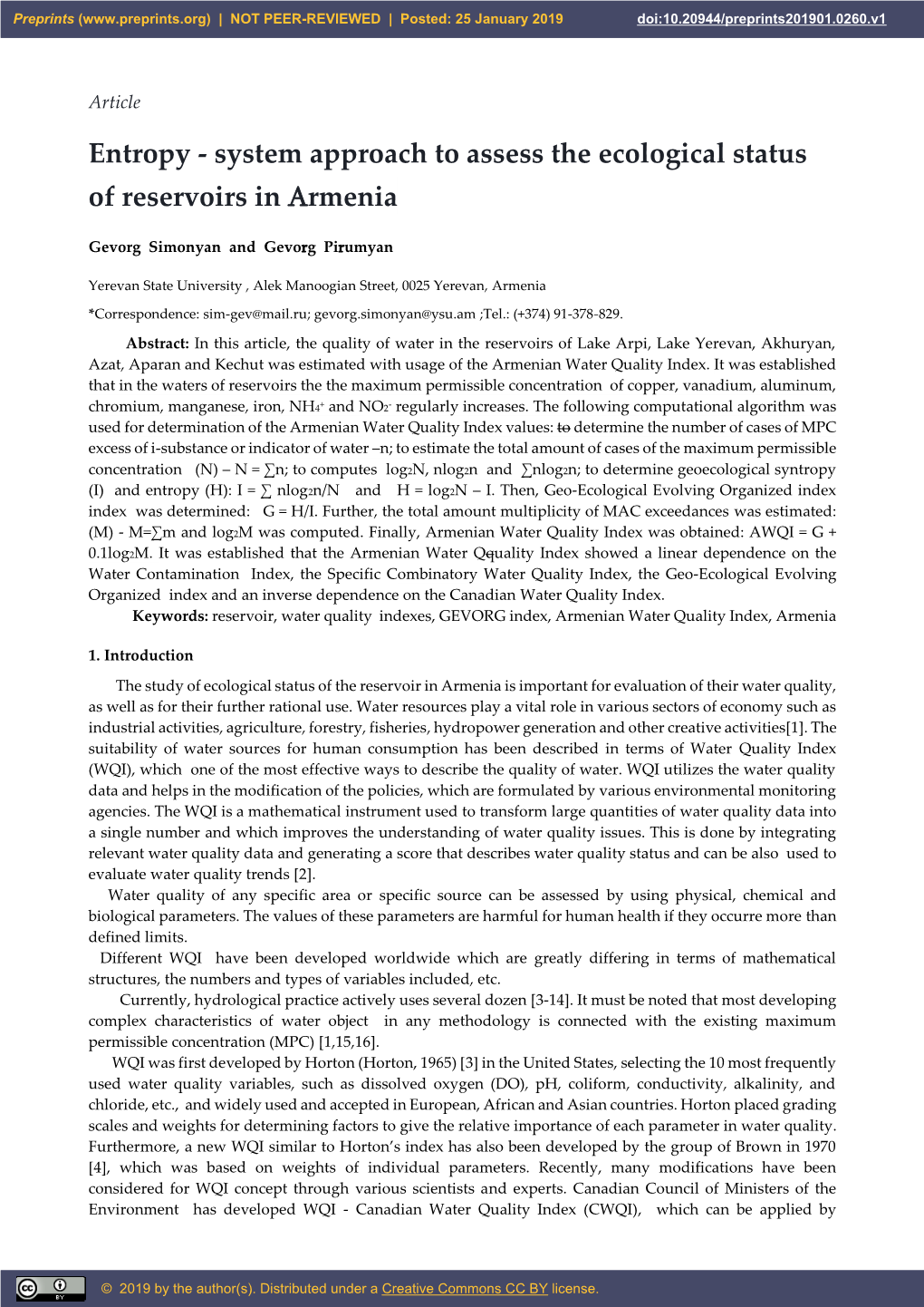 Entropy - System Approach to Assess the Ecological Status of Reservoirs in Armenia