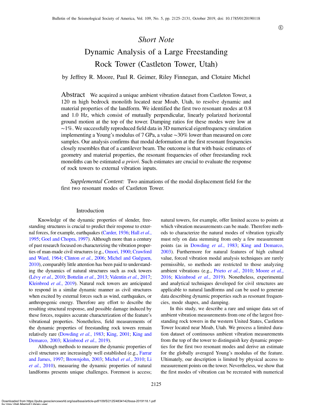 Short Note Dynamic Analysis of a Large Freestanding Rock Tower (Castleton Tower, Utah) by Jeffrey R