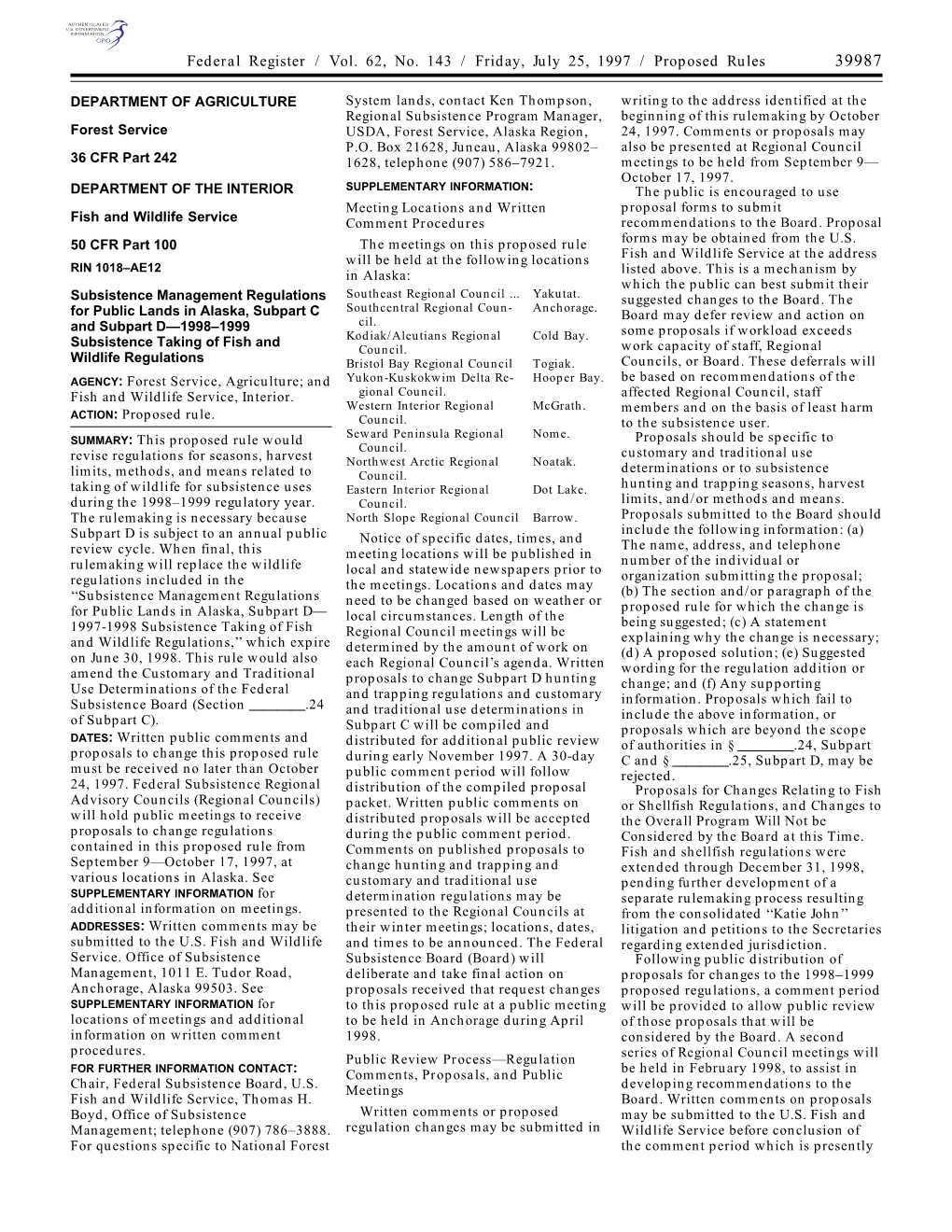 Federal Register / Vol. 62, No. 143 / Friday, July 25, 1997 / Proposed Rules 39987