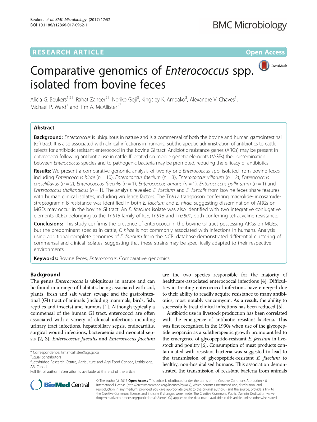 Comparative Genomics of Enterococcus Spp. Isolated from Bovine Feces Alicia G