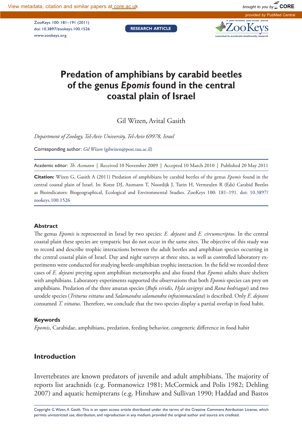 Predation of Amphibians by Carabid Beetles of the Genus Epomis 181 Doi: 10.3897/Zookeys.100.1526 Research Article