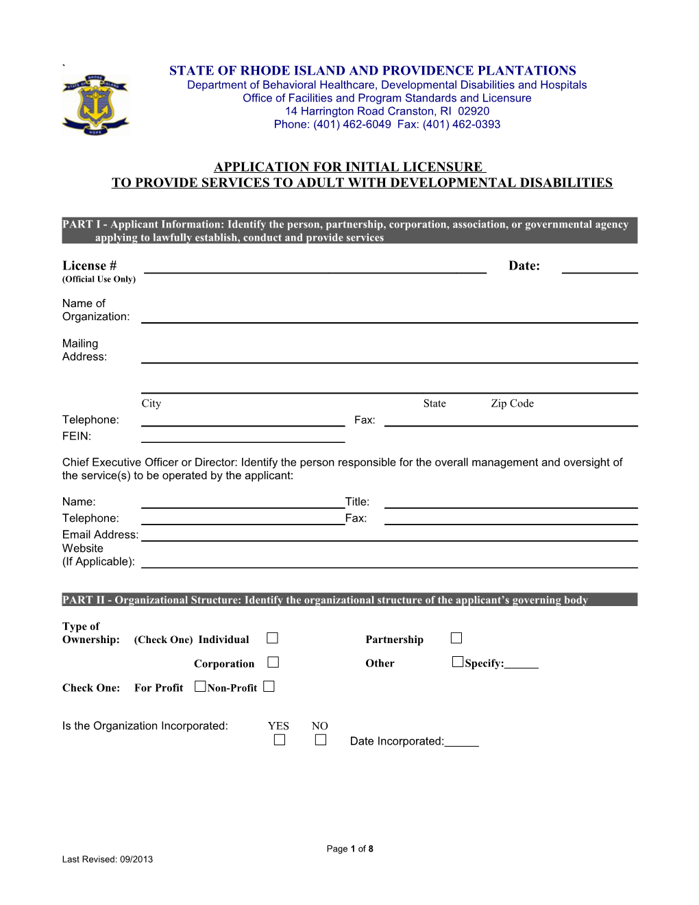 Application for Initial Licensure to Provide Services to Adult with Developmental Disabilities