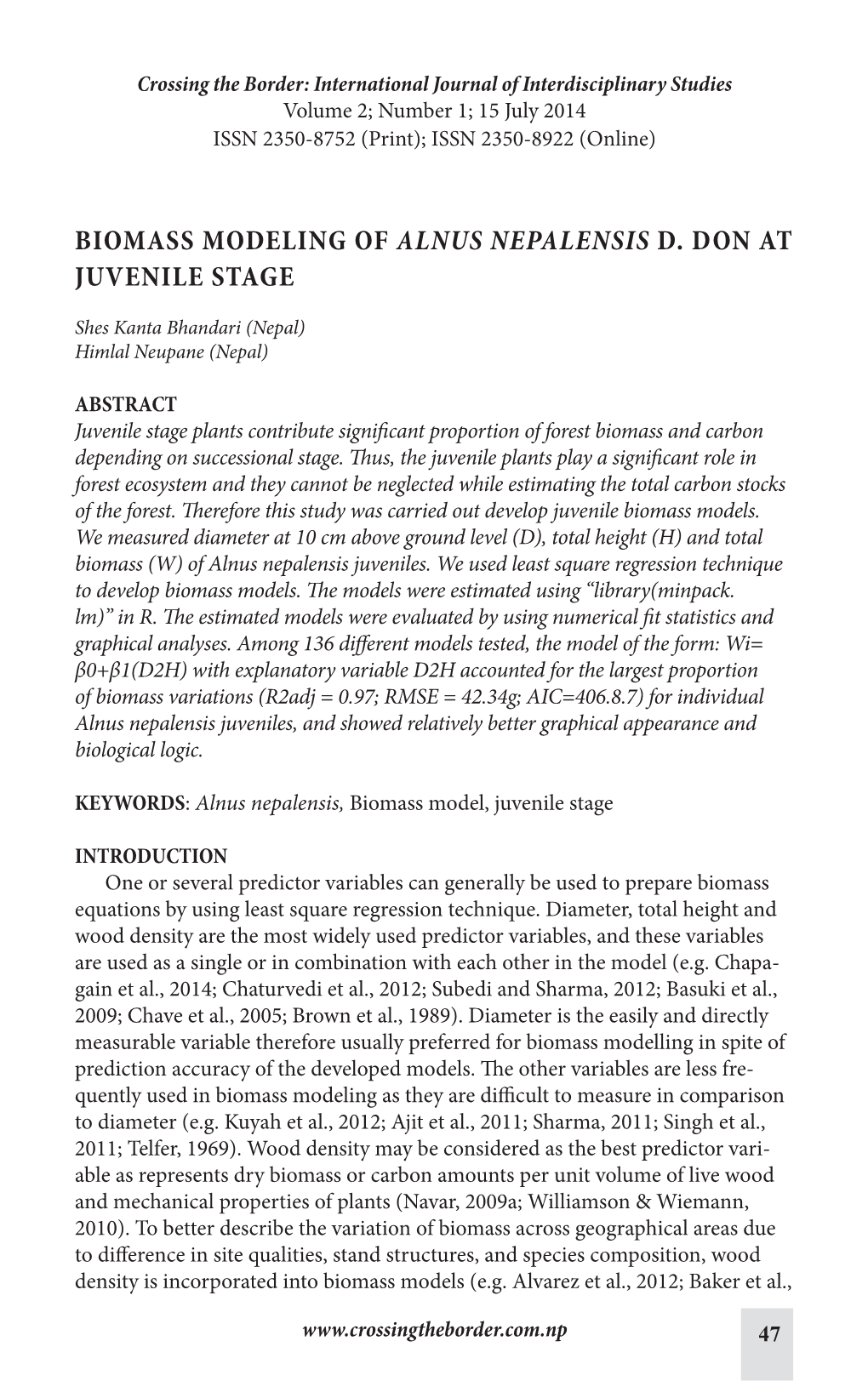 Biomass Modeling of Alnus Nepalensis D. Don at Juvenile Stage