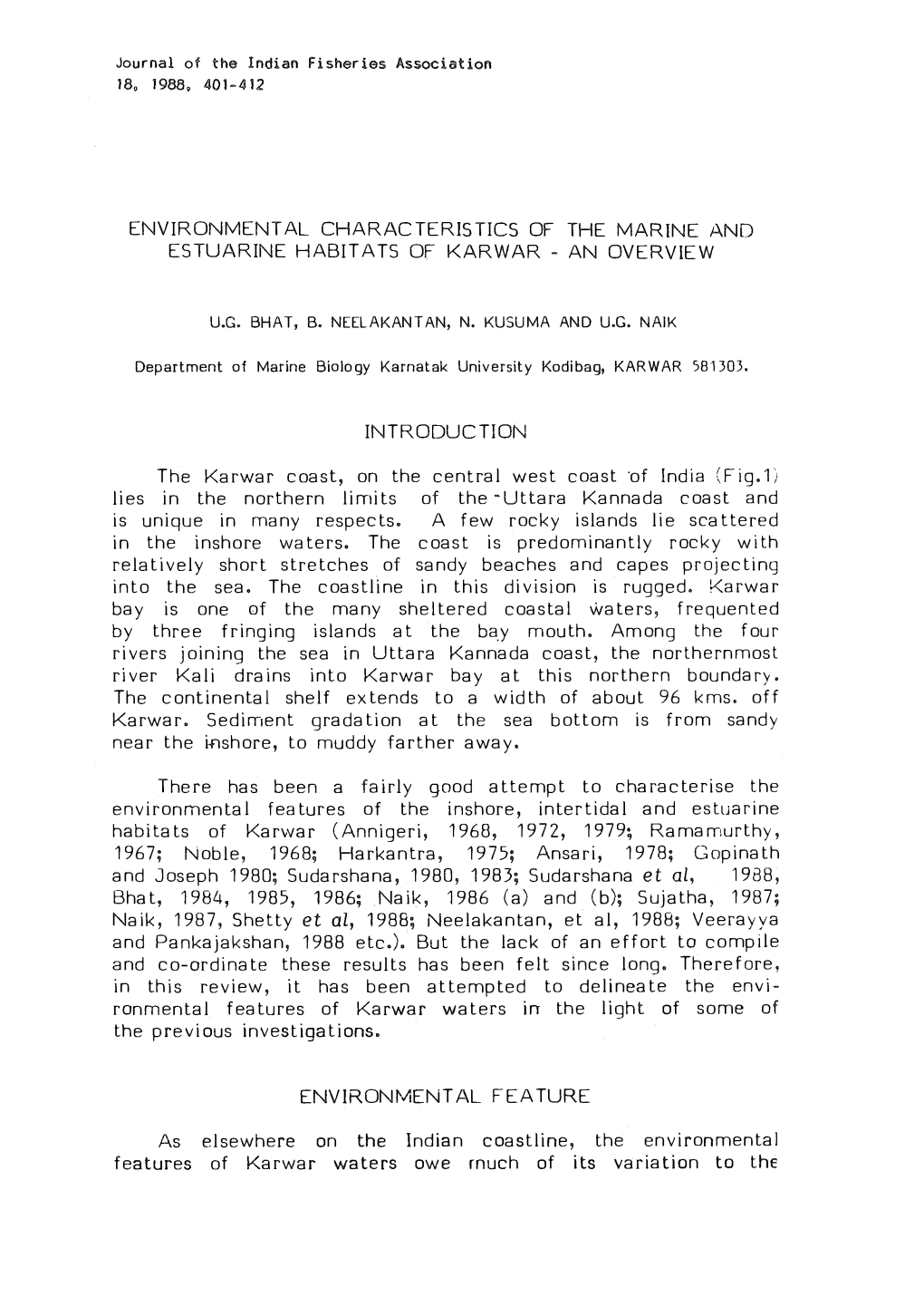 Environmental Characteristics of the Marine and Estuarine Habitats of Karwar- an Overview