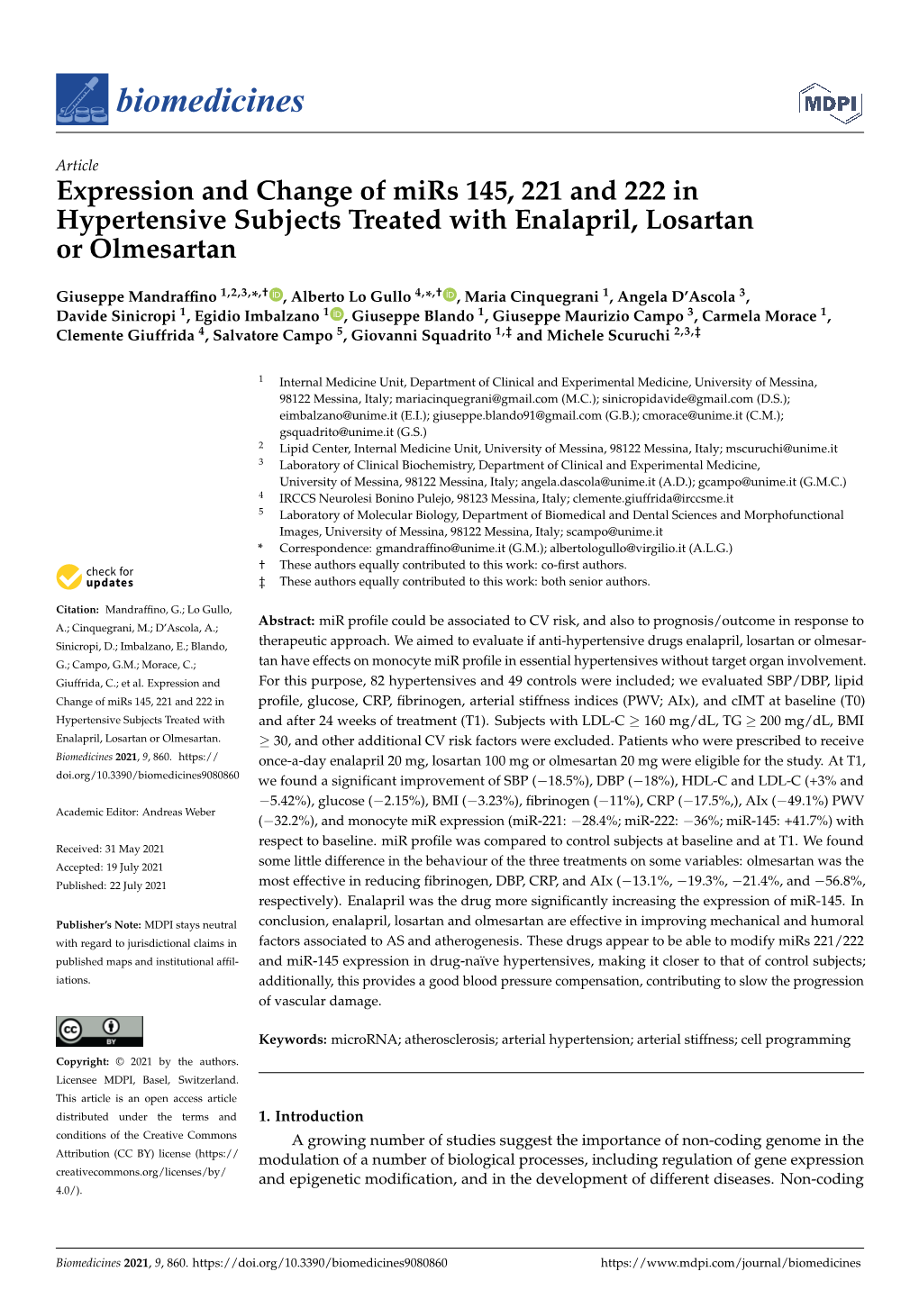 Expression and Change of Mirs 145, 221 and 222 in Hypertensive Subjects Treated with Enalapril, Losartan Or Olmesartan