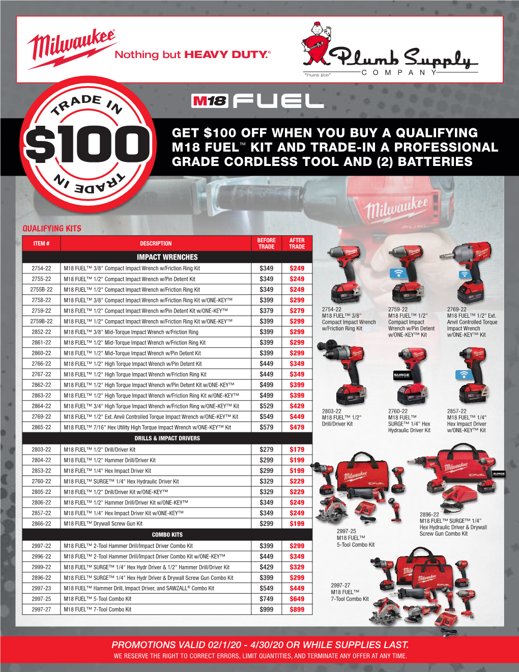 Get $100 Off When You Buy a Qualifying M18 Fuel™ Kit and Trade-In a Professional Grade Cordless Tool and (2) Batteries