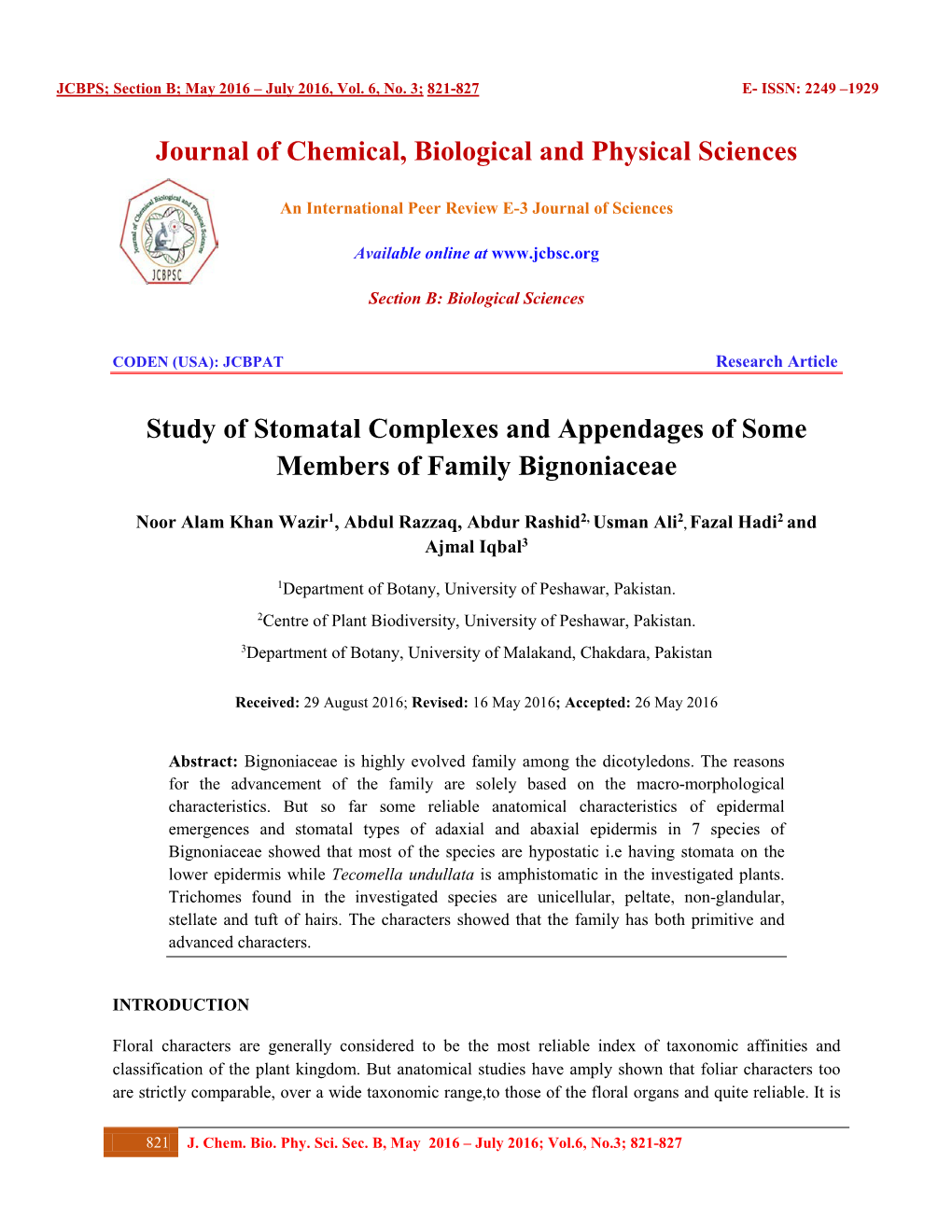 Journal of Chemical, Biological and Physical Sciences Study Of