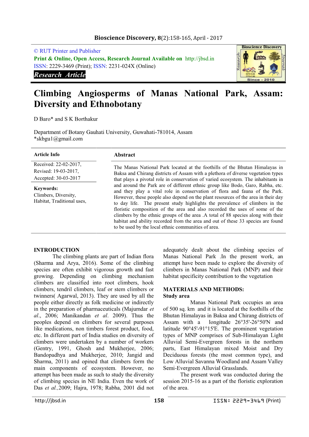 Climbing Angiosperms of Manas National Park, Assam: Diversity and Ethnobotany