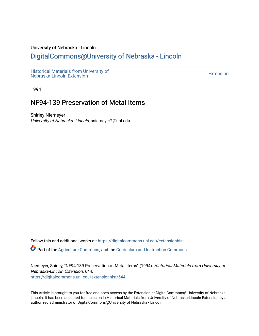 NF94-139 Preservation of Metal Items