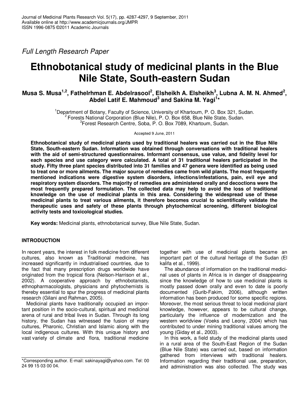 Ethnobotanical Study of Medicinal Plants in the Blue Nile State, South-Eastern Sudan