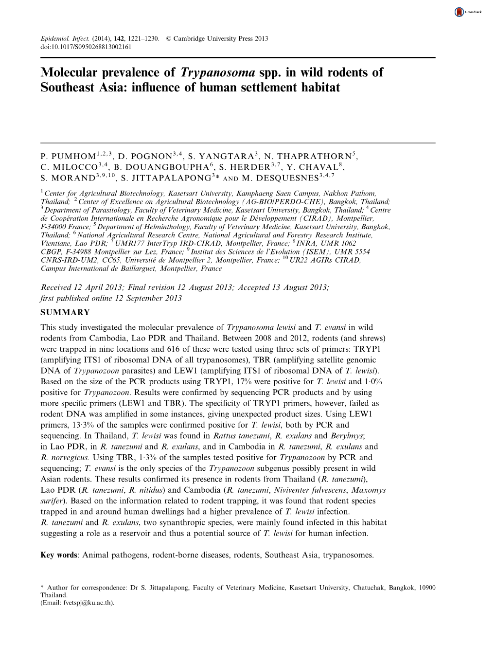 Molecular Prevalence of Trypanosoma Spp. in Wild Rodents of Southeast Asia: Inﬂuence of Human Settlement Habitat