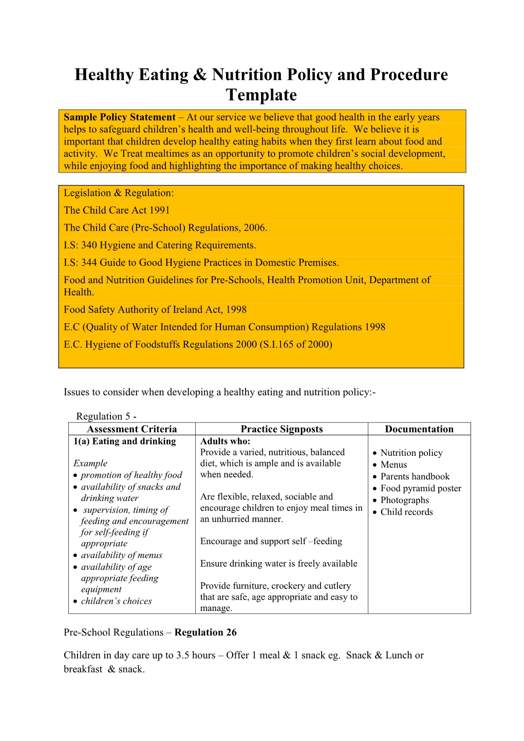 Healthy Eating & Nutrition Policy and Procedure Template