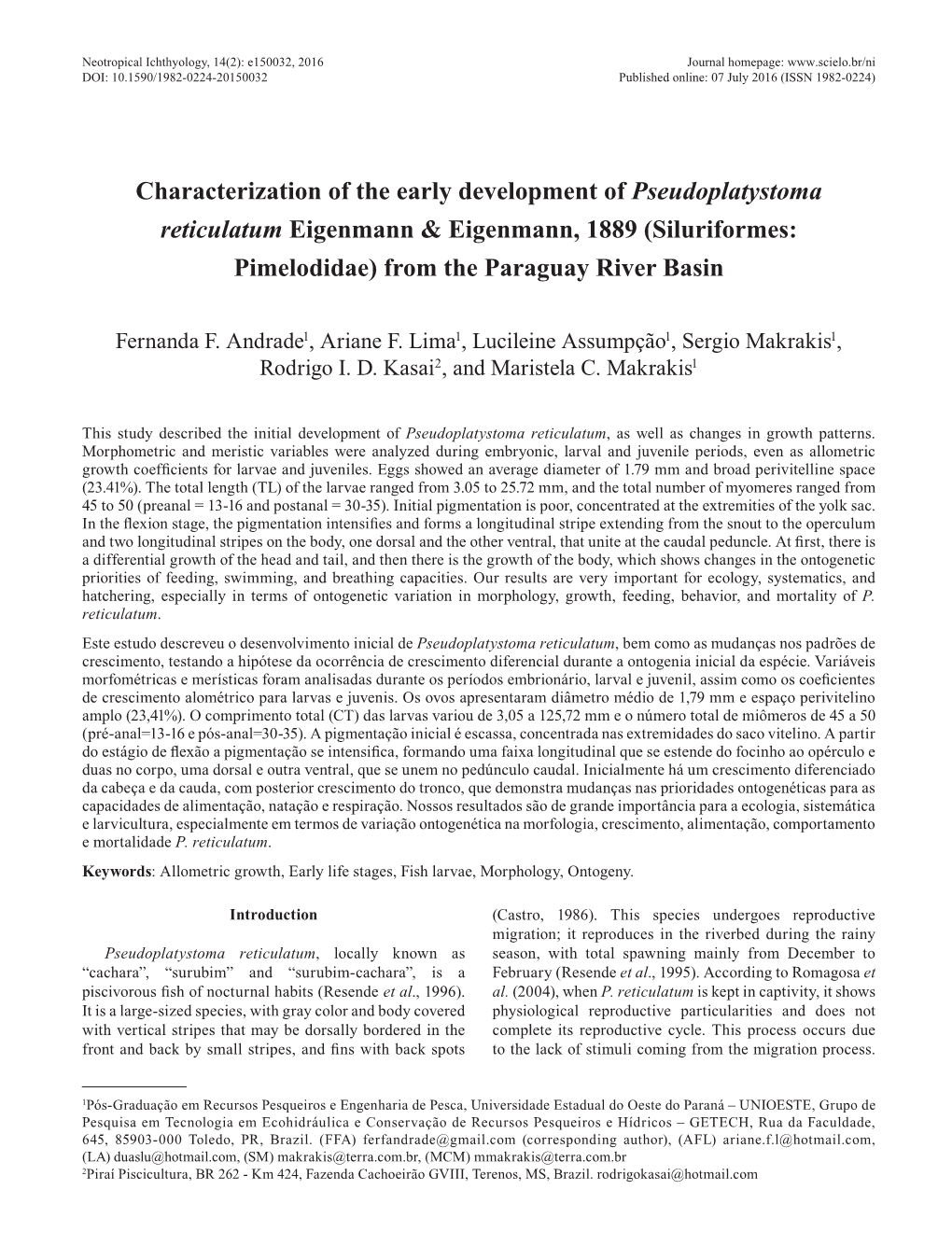 Characterization of the Early Development of Pseudoplatystoma Reticulatum Eigenmann & Eigenmann, 1889 (Siluriformes: Pimelodidae) from the Paraguay River Basin