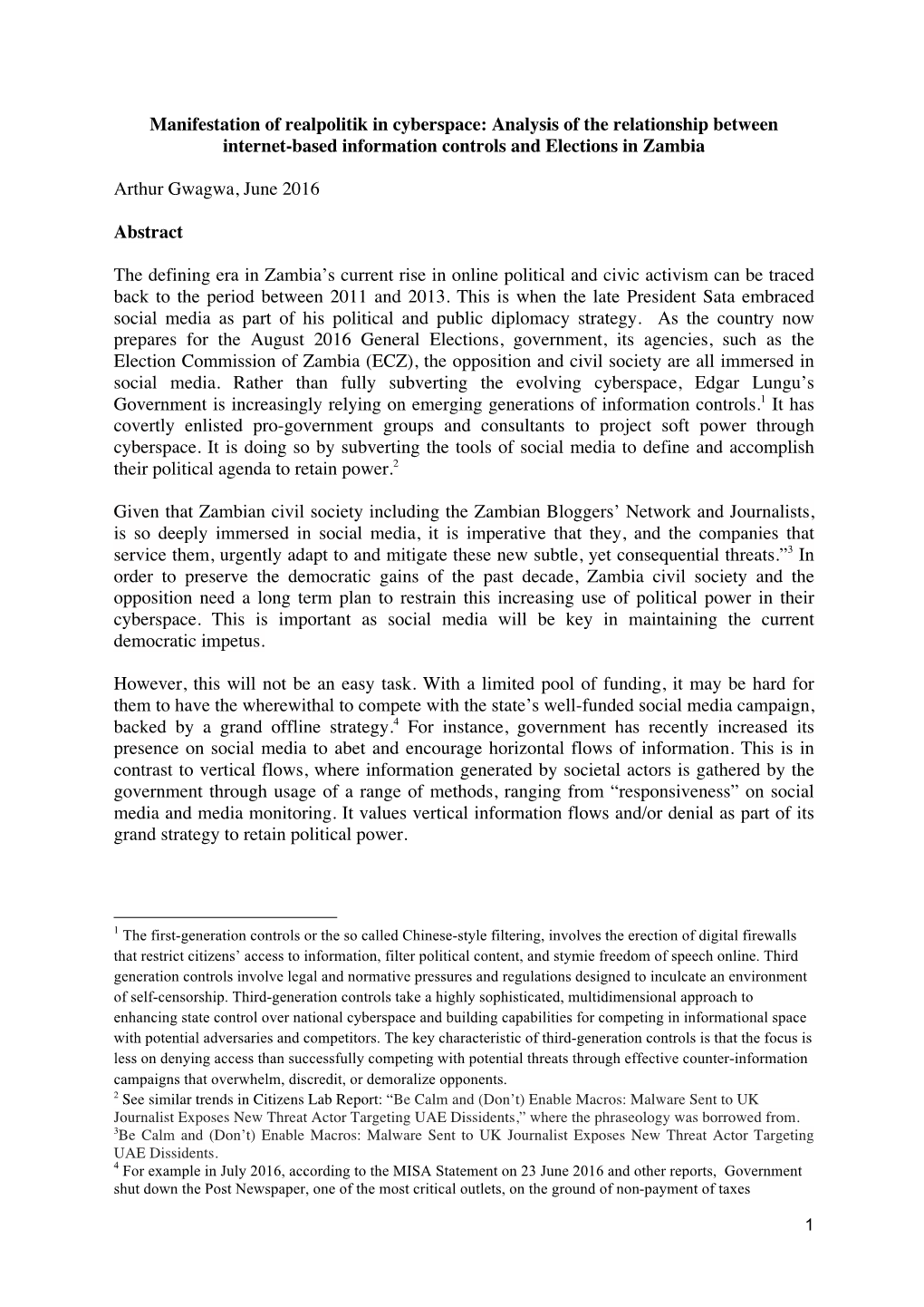 Manifestation of Realpolitik in Cyberspace: Analysis of the Relationship Between Internet-Based Information Controls and Elections in Zambia