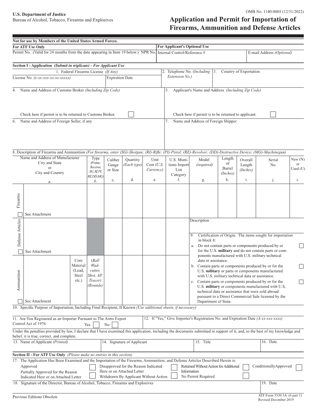 Application & Permit for Importation of Firearms, Ammunition