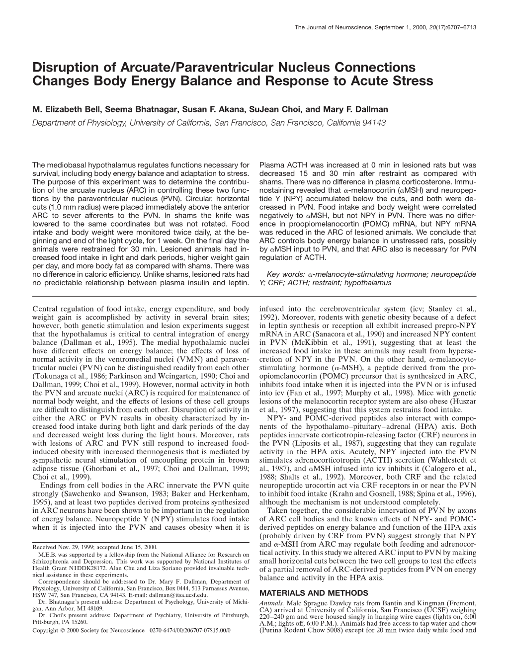 Disruption of Arcuate/Paraventricular Nucleus Connections Changes Body Energy Balance and Response to Acute Stress