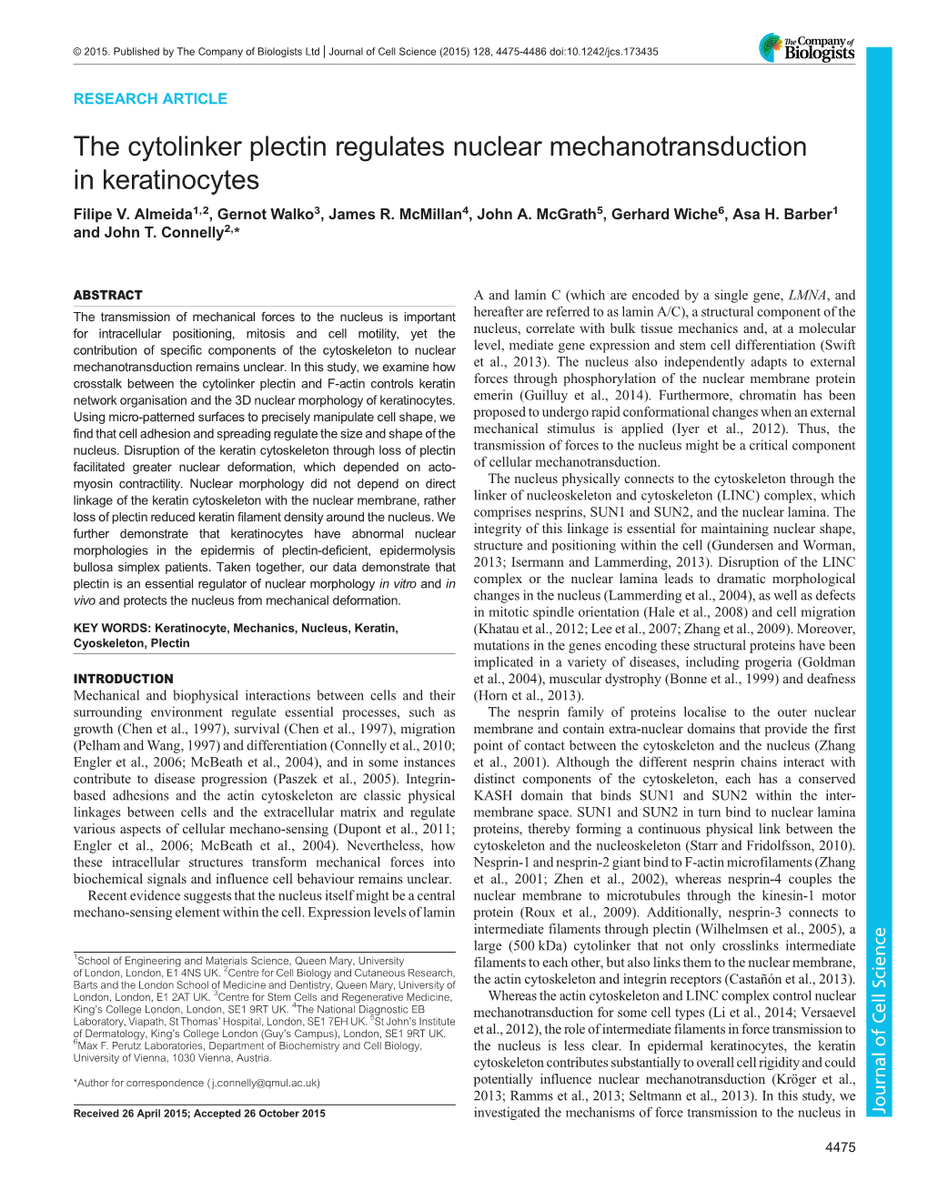 The Cytolinker Plectin Regulates Nuclear Mechanotransduction in Keratinocytes Filipe V
