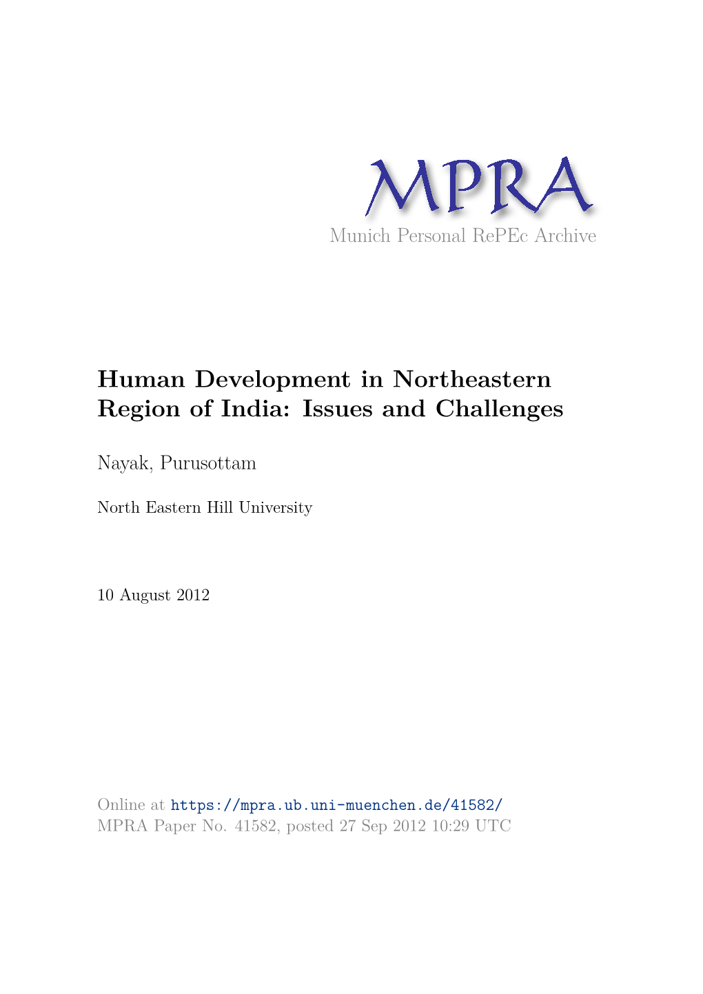 Human Development in Northeastern Region of India: Issues and Challenges
