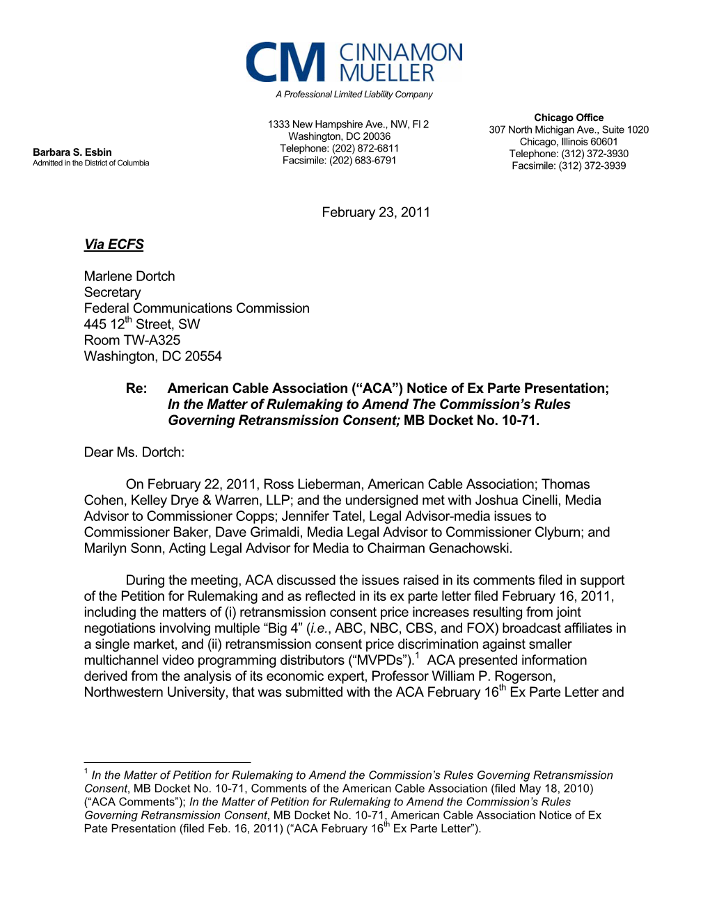 February 23, 2011 Via ECFS Marlene Dortch Secretary Federal