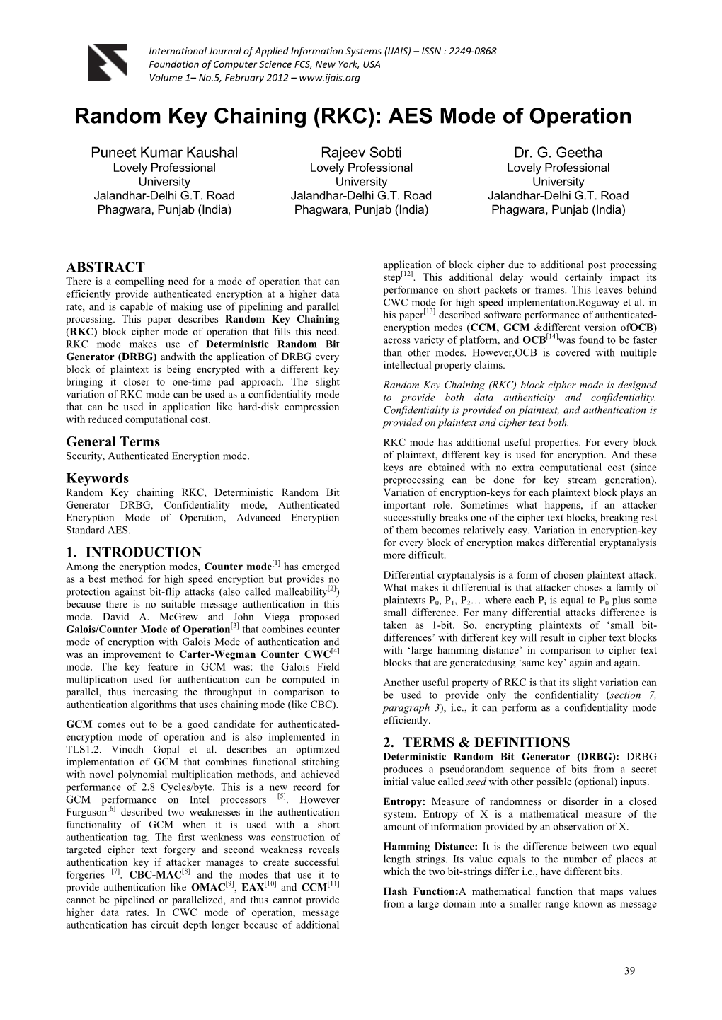 Random Key Chaining (RKC): AES Mode of Operation