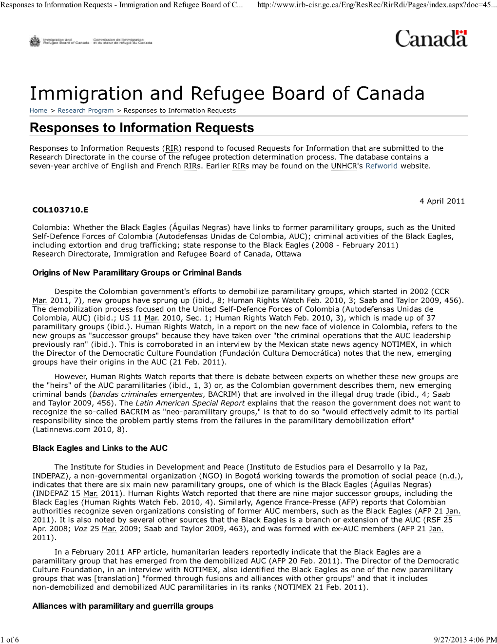 Immigration and Refugee Board of Canada Home > Research Program > Responses to Information Requests Responses to Information Requests