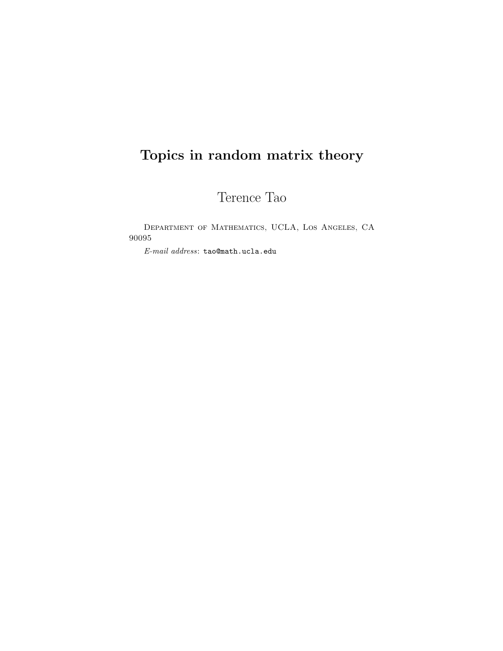 Topics in Random Matrix Theory Terence