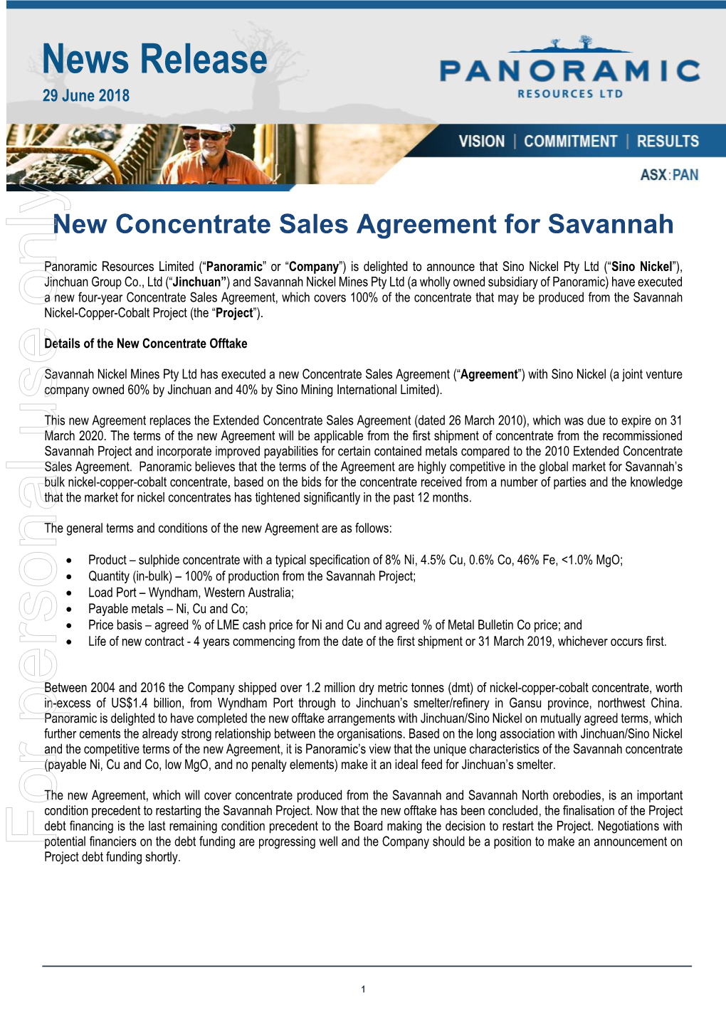 New Concentrate Sales Agreement for Savannah