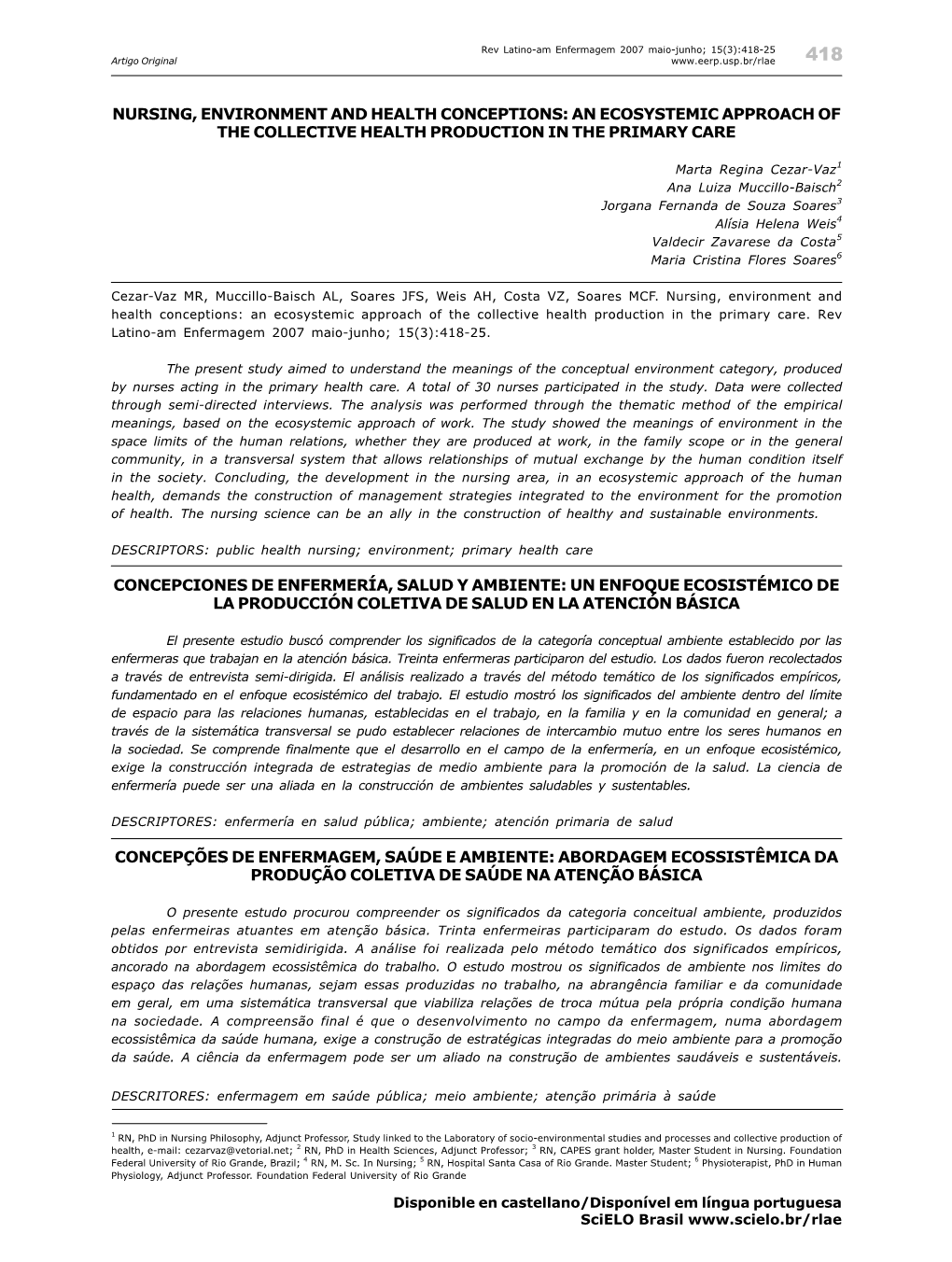 Nursing, Environment and Health Conceptions: an Ecosystemic Approach of the Collective Health Production in the Primary Care