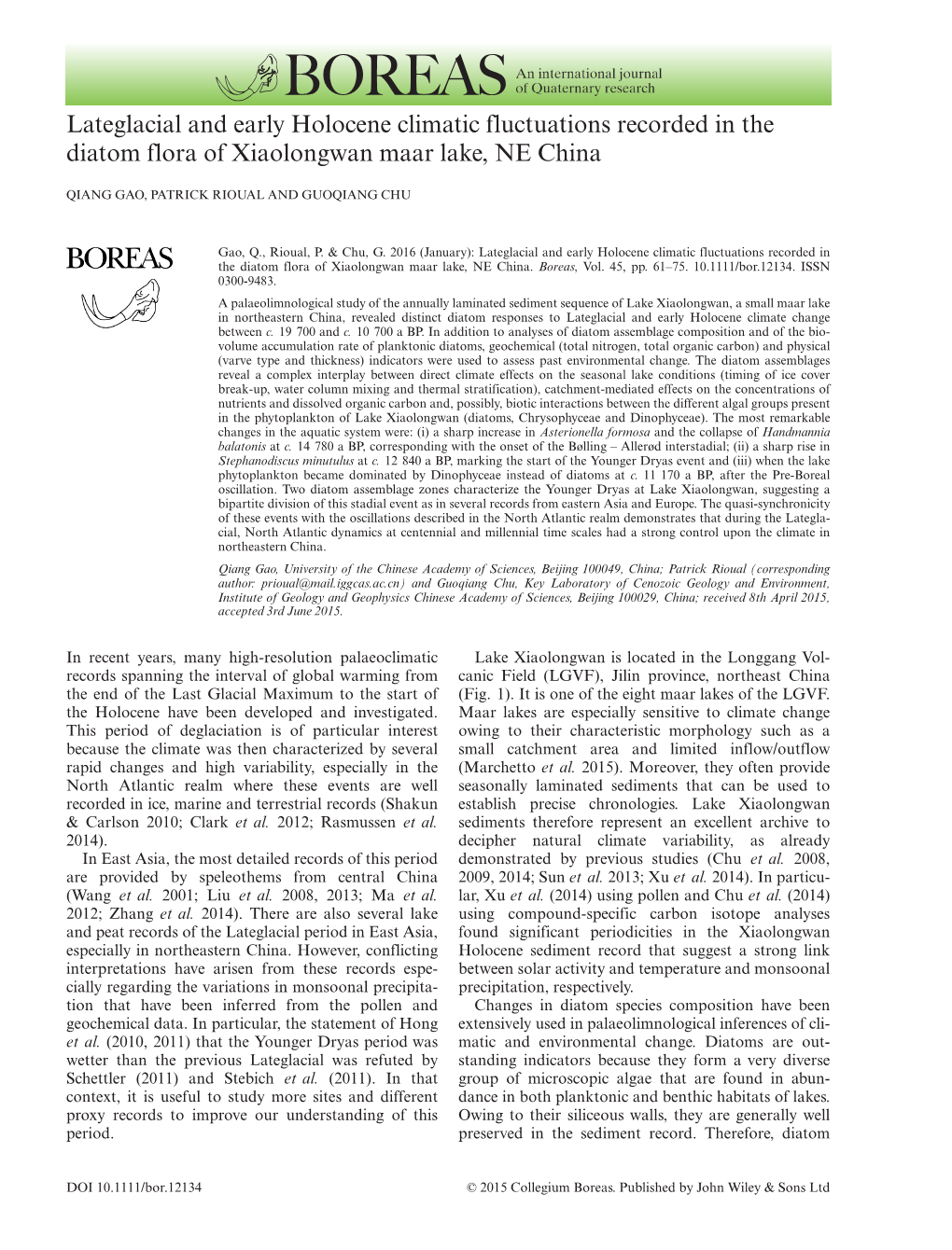 Lateglacial and Early Holocene Climatic Fluctuations Recorded in the Diatom Flora of Xiaolongwan Maar Lake, NE China