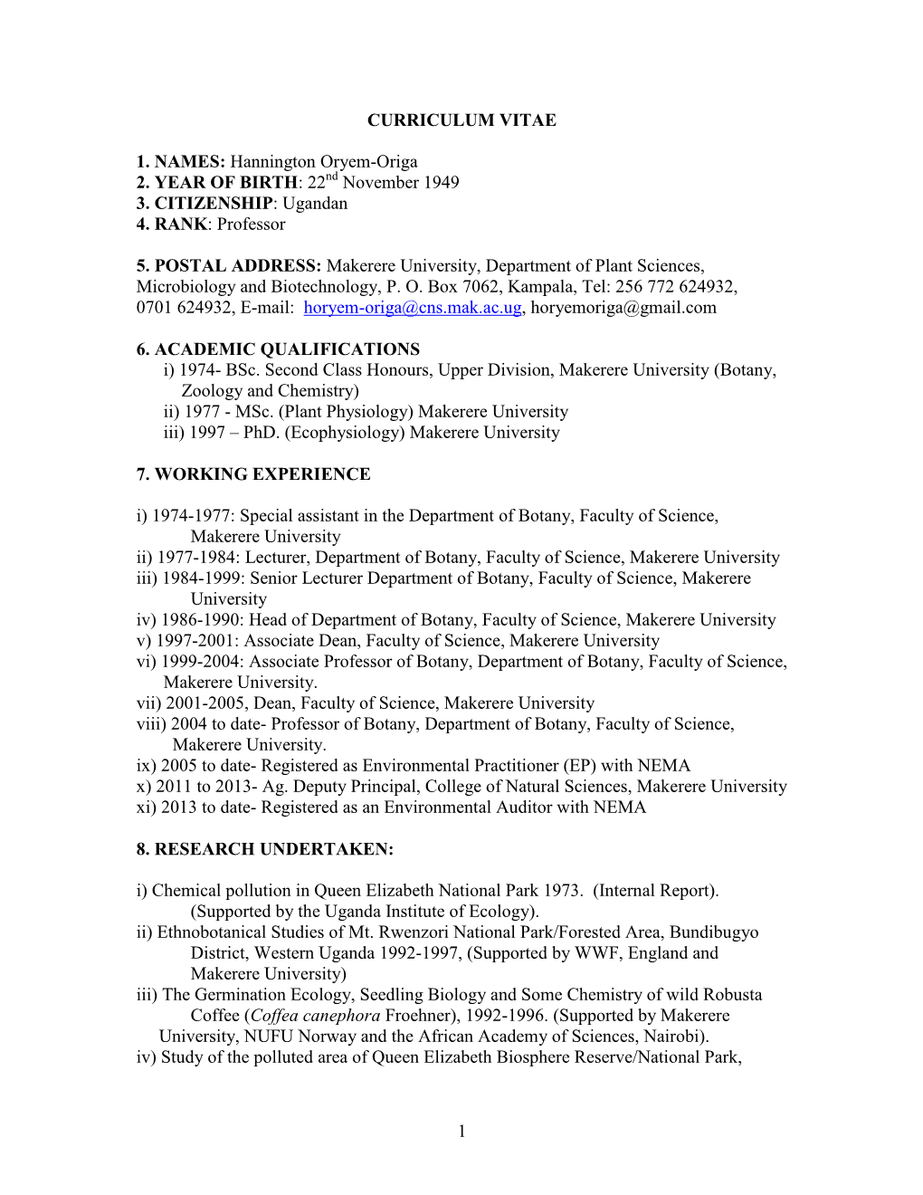 CV (F) of Prof Oryem Origa (Updated).Pdf