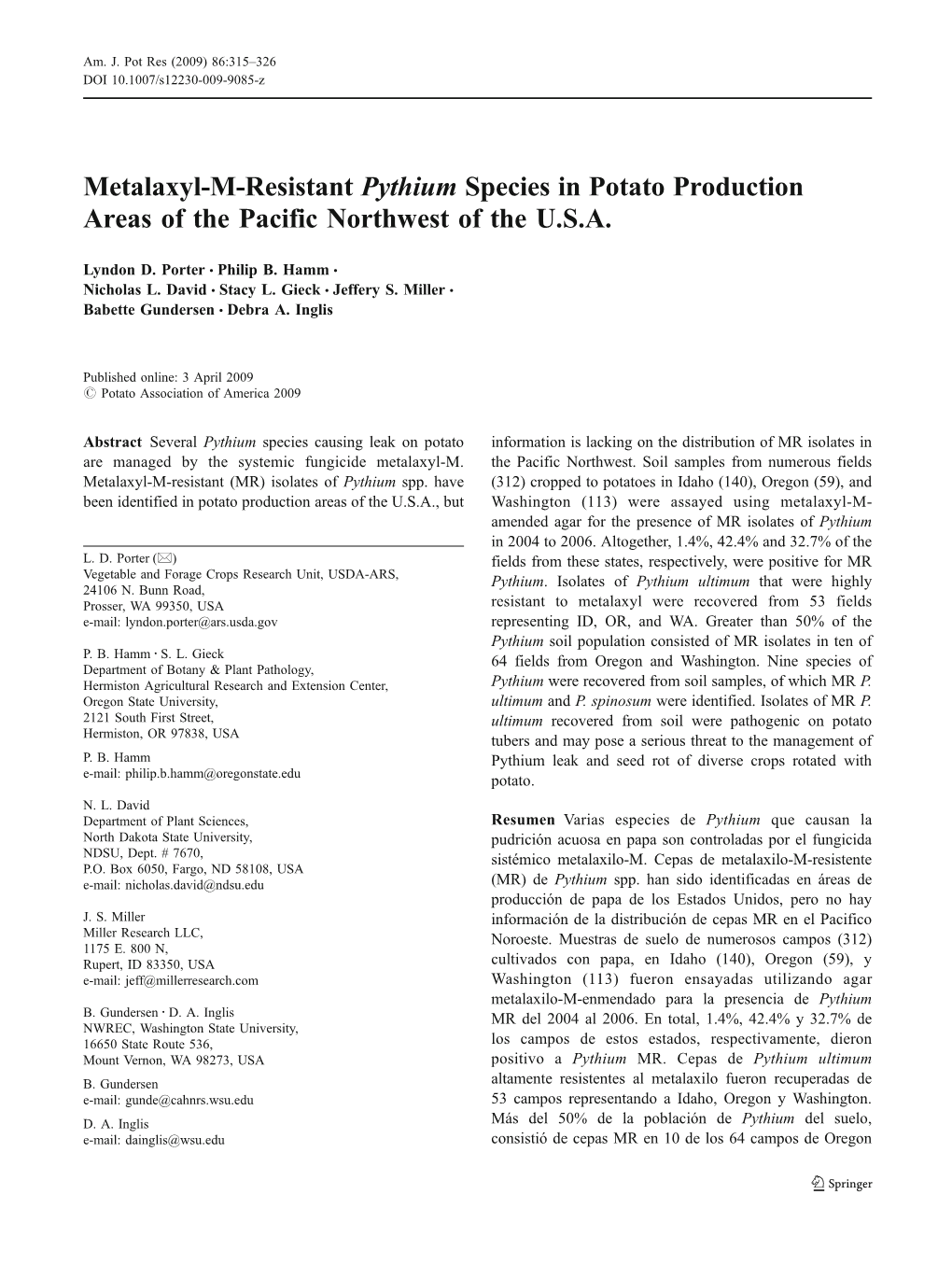 Metalaxyl-M-Resistant Pythium Species in Potato Production Areas of the Pacific Northwest of the U.S.A