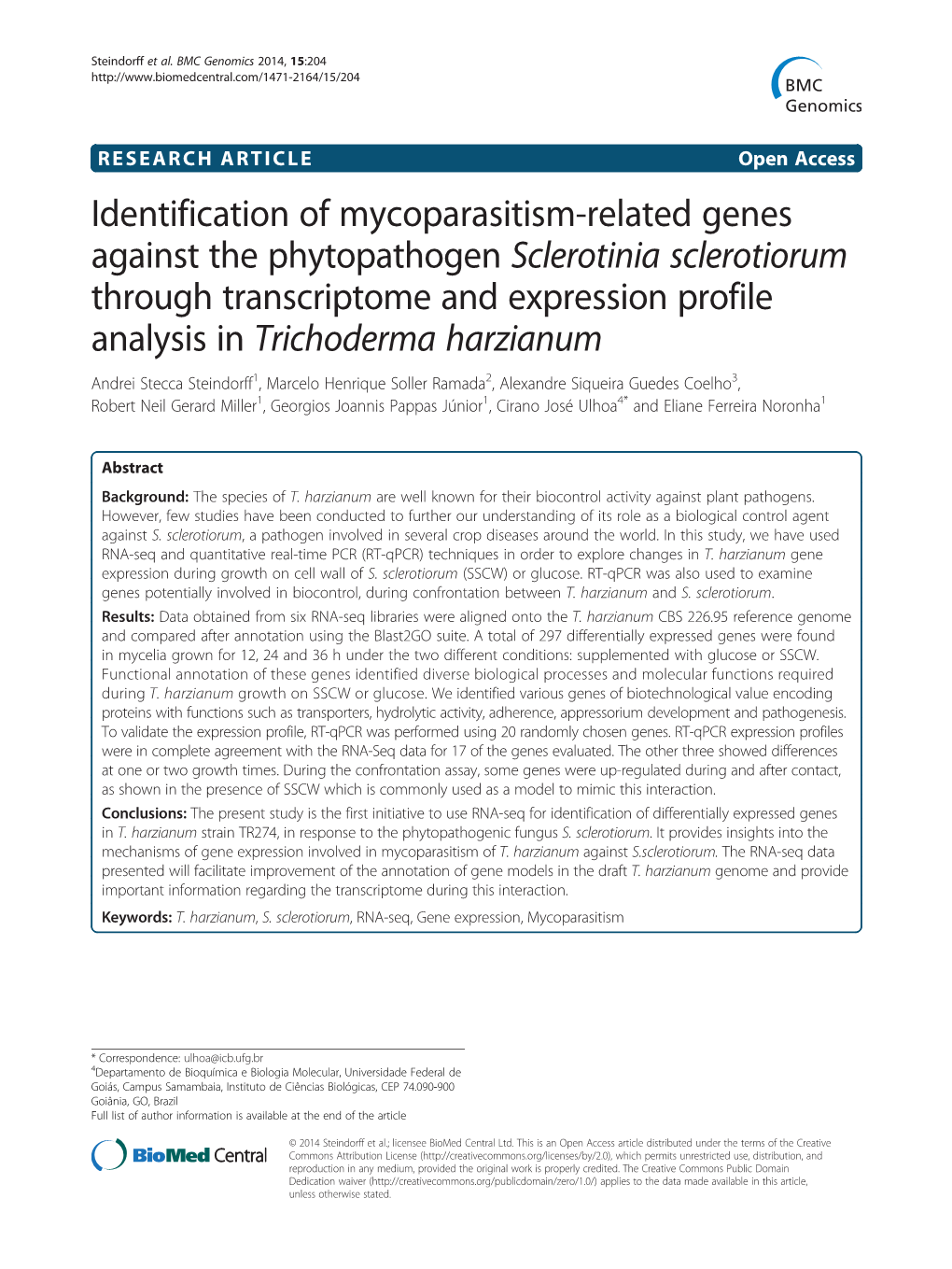 Identification of Mycoparasitism-Related Genes Against the Phytopathogen Sclerotinia Sclerotiorum Through Transcriptome and Expr