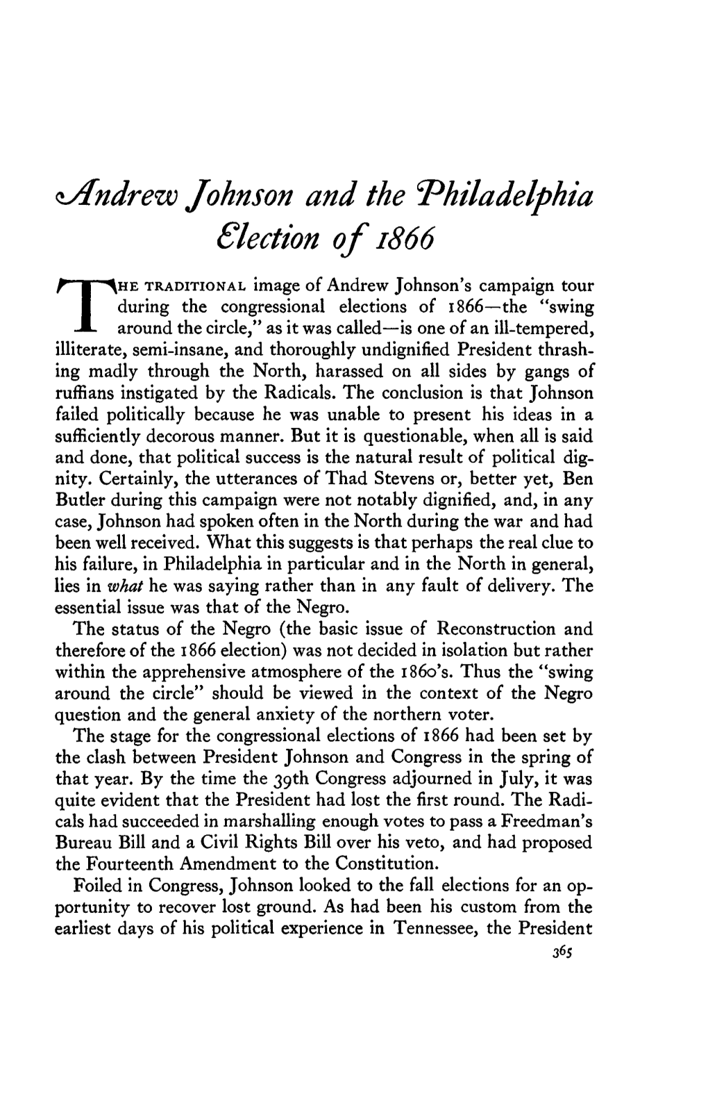 ^Andrew Johnson and the Philadelphia Election of 1866