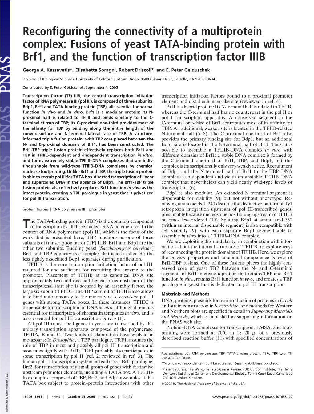 Fusions of Yeast TATA-Binding Protein with Brf1, and the Function of Transcription Factor IIIB
