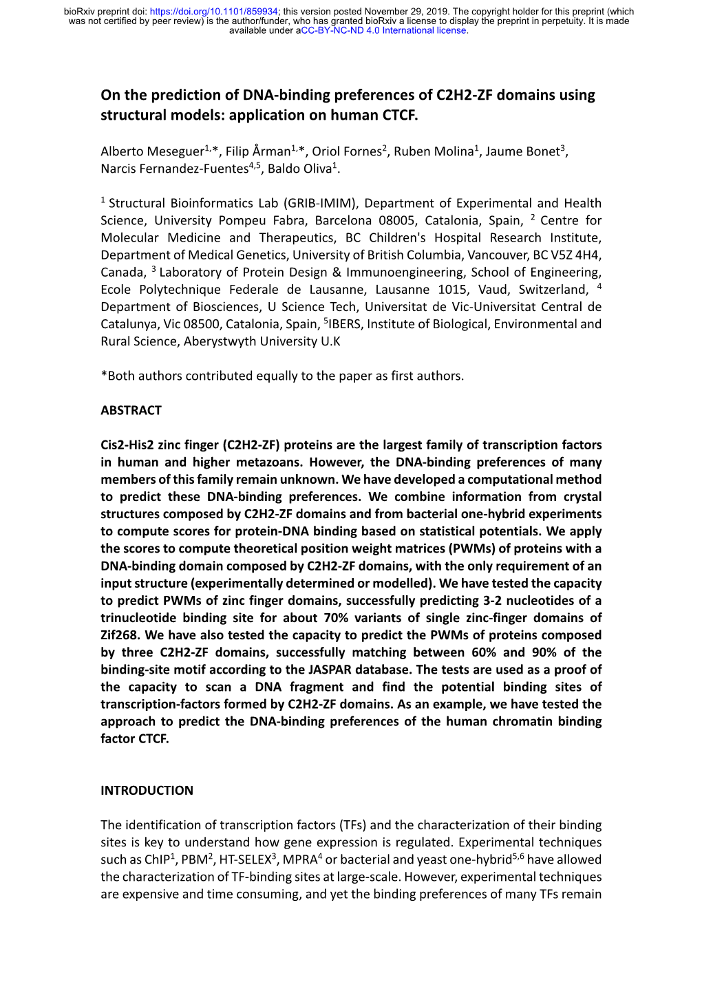 On the Prediction of DNA-Binding Preferences of C2H2-ZF Domains Using Structural Models: Application on Human CTCF