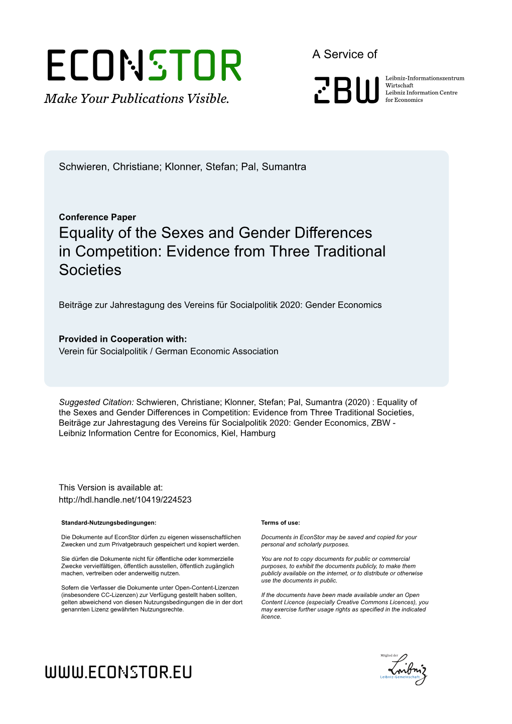 Equality of the Sexes and Gender Differences in Competition: Evidence from Three Traditional Societies