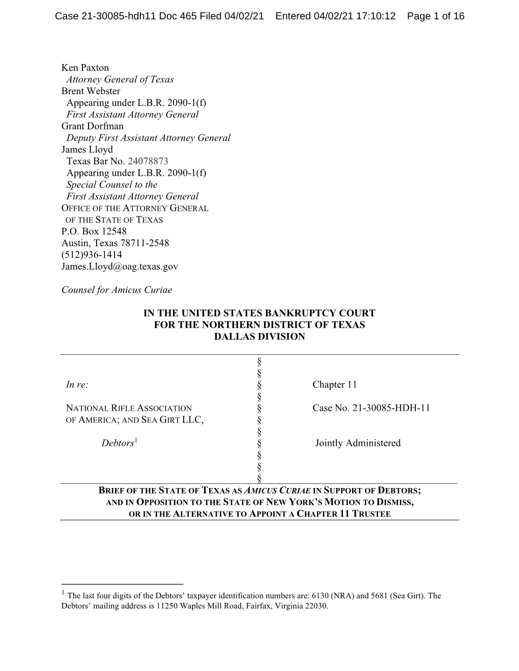 Case 21-30085-Hdh11 Doc 465 Filed 04/02/21 Entered 04/02/21 17:10:12 Page 1 of 16