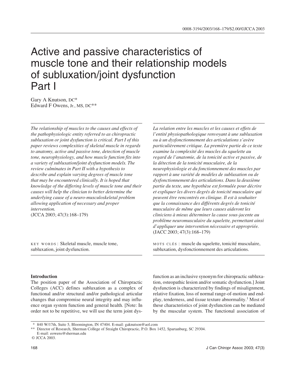 Active and Passive Characteristics of Muscle Tone and Their Relationship Models of Subluxation/Joint Dysfunction Part I